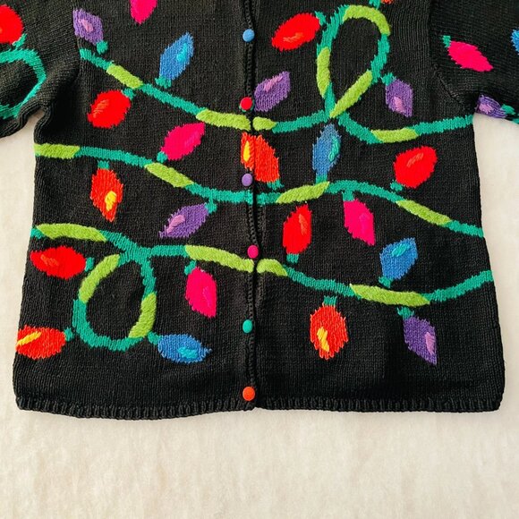 Talbots Y2K Hand Knit Women Black Christmas Holiday Light Cardigan Sweater L - Picture 5 of 11
